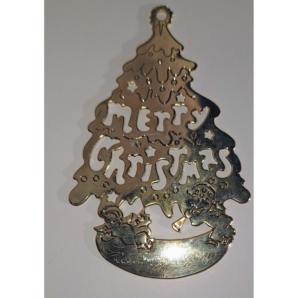 vtg 1979‎ G Gloria Duchin gold silver tone engraved christmas tree ornament